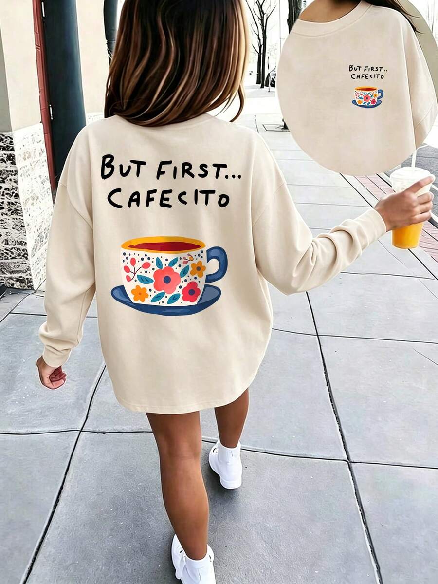 Tween Girls Long Sleeve Tee, But First Cafecito Floral Coffee Cup Back Graphic Print, Fall Winter Casual Daily Tops - Apricot - View 1
