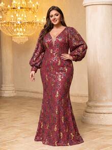 SUPGIR V-Neck Lantern Sleeve Sequin Elegant Dress - Red - View 3