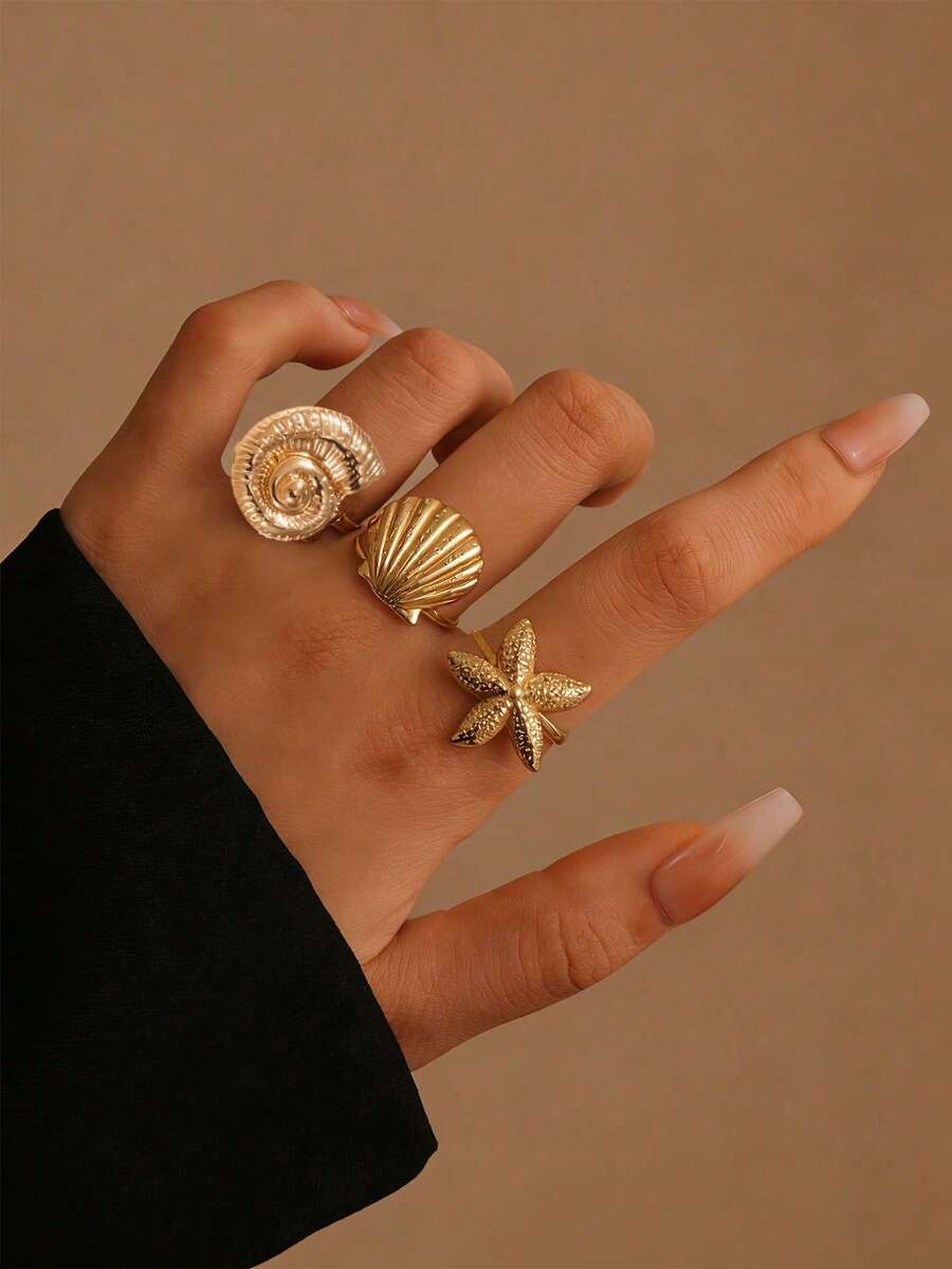 GEREIT 3pcs Fashion Vacation Style 18k Gold Plated Stainless Steel Starfish Shell Turtle Fish Open Ring Set For Women, Suitable For Beach Vacation Wear - Multicolor - View 1