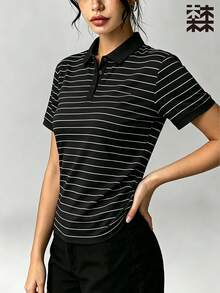 mulinsen 女款 Polo 衫，冰絲薄款快乾領口短袖 T 恤，條紋運動戶外上衣 - 深空黑 - 查看 3