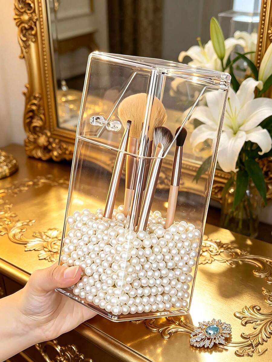 1/2pcs Acrylic Makeup Brush Holder With Lid, French Style Vanity Desktop Dust-Proof Pen Holder, Makeup Tool Storage Box, Home Makeup Room Skincare Product Storage Container,Bedroom Room Decor,Back To School