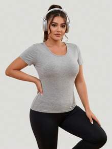 Plus Size Built-In Bra Short Sleeve T-Shirt, Wireless Padded Athletic Top For Yoga Gym Fall Workout & Casual Lounge - Light Grey - View 3