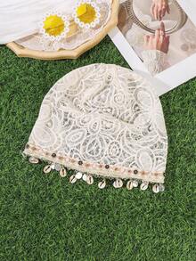 1件波希米亞復古刺繡貝殼針織帽，鉤編頭飾，適合度假旅行拍照 - 彩色 - 查看 3