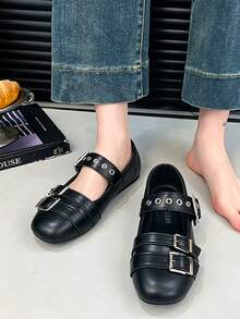 1 Pair Buckle Flat Square Toe Low-Top Shoes - Black - View 3