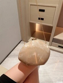 Moonlit Eve Bag 1件裝 水波紋迷你壓克力不對稱晚宴手拿包，高級金屬珠扣設計，優雅方盒晚宴包，適合派對女孩、新娘、大學生、職場新人與白領女性，適用於派對、舞會、婚禮，完美搭配舞會配件，附金屬鍊條，隨機花紋 - 杏色 - 查看 9