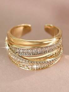 1pc/3pcs/5pcs Luxury Geometric Cubic Zirconia Gold Adjustable Rings Sets,Unique Versatile For Daily Wear,Engagement/Wedding Banquets,Anniversary Gift - Yellow Gold - View 3