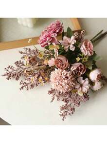1 Pc Boho-Style Artificial Bouquet, Perfect For Vintage Home Decor, Weddings, Thanksgiving, Valentine's Day, Mother's Day, Fall Decorations, And Halloween - Pink Coffee Color - View 4