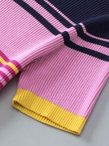 Acelitt Summer Pink Mixed Color Striped Ribbed Crew Neck Knit Top - Multicolor - View 8
