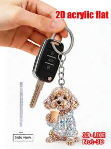 Llavero plano 2D con patrón de perro teddy marrón lindo bebiendo té con leche, llavero estético de taza de té con leche de mascota linda, adecuado para parejas, cumpleaños de dueños de perros, Día del Maestro, regreso a clases, regalos de apertura escolar, duradero y ligero, aplicable para llavero de coche, llavero de teléfono, decoración de llavero de mochila y billetera - A - Ver 3