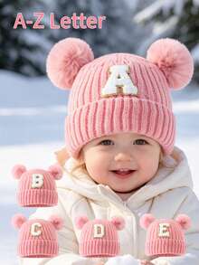 1pc Pink Kids Hat 26 Letters Baby Knitted Cap Boys Girls Warm Beanie Suitable For Outdoor Travel Daily Wear - Pink Gold Logo On Crown - Pink Double Ball Cap - View 1