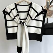 1 Pc. Women's New Knitted Striped Shawl Outerwear Thin Women's Summer Office Air-Conditioned Room Neck Protection Small Cardigan - Black and White - View 1
