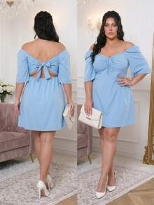 Plus Size Short Princess Dress, Loose Fit, With Gathered Neckline And Short Sleeves, Elegant, Sizes 46 To 56 - Baby Blue - View 9