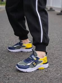 Teens' Fashionable Contrast Color Hook And Loop Sports Shoes - Shock Absorbing Anti-Slip Breathable Mesh Sneakers, Suitable For Outdoor Running And Walking - Yellow - View 8
