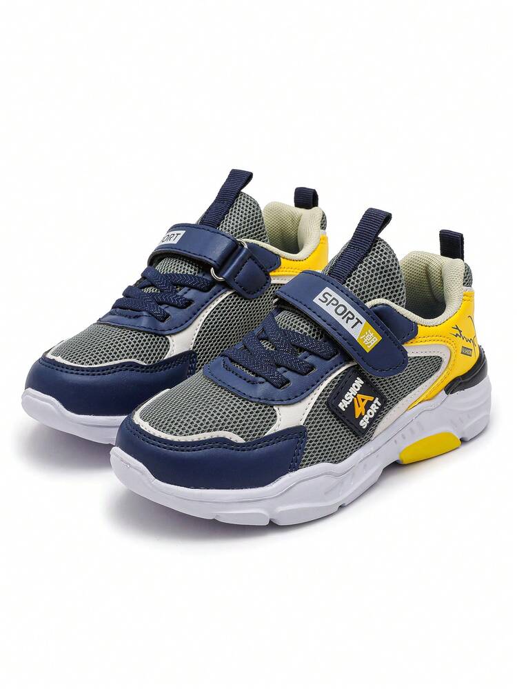 Teens' Fashionable Contrast Color Hook And Loop Sports Shoes - Shock Absorbing Anti-Slip Breathable Mesh Sneakers, Suitable For Outdoor Running And Walking - Yellow - View 11