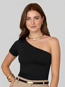 2 Blusas Femininas Mula Manca um ombro só suplex Premium não transparente com forro Poliéster Assimétrico BLUSA MULA MANCA - SUPLEX Noite Feriado Férias Casa Diário VERÃO - PRETO - BEGE - Visão 3
