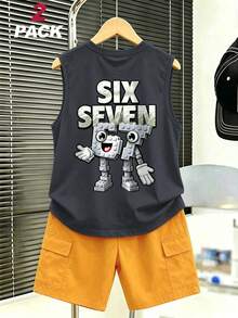 2pcs Boys' Casual Street Style Set, Loose Fit Building Block & Number 67 Graphic Tank Top And Khaki Shorts, Suitable For Summer School Sports And Street Wear - Dark Grey - View 1