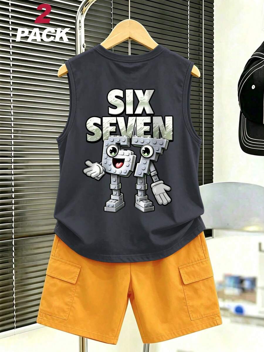 2pcs Boys' Casual Street Style Set, Loose Fit Building Block & Number 67 Graphic Tank Top And Khaki Shorts, Suitable For Summer School Sports And Street Wear - Dark Grey - View 1