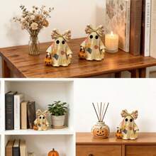 Cute Halloween Ghost Figurine, 4 Inch Mini Resin Patchwork Ghost With Pumpkin Basket, Rustic Autumn Desktop Decor, Suitable For High Towers, Roof Racks And Desks, Cute Christmas Ghost Figurine - Patchwork Ghost - View 4