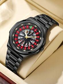 NSNEVER STOP NS New Style 1pc Men's Creative Roulette Poker Dial Quartz Watch, All Black Steel Band, Personalized Cool Men's Wristwatch, Quartz Non-Mechanical Pointer Watch, Holiday Gift, Birthday Gift, Gift For Lover, Gift For Father, Back To School, Valentine's Day - Red - View 6