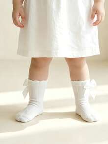 1雙女童幼兒網布蝴蝶結高筒襪，透氣不悶汗春夏嬰幼兒網布大蝴蝶結短筒襪，透氣可愛小公主1歲生日襪 - 白色 - 查看 6