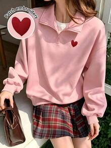 1pc Half-Zip Collared Sweatshirt For Teen Girl, Embroidered Patch Heart Pattern, Suitable For Spring, Summer, Autumn, Family Gatherings, Back To School, Sports And More - Pink - View 6