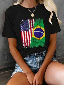 100% Cotton Women Christmas T-Shirt Half Brazilian Half American USA Brazil Culture Flag T-Shirt Print T-Shirt  Comfort Tee Top For Spring & Summer - 酒紅色 - 查看 1