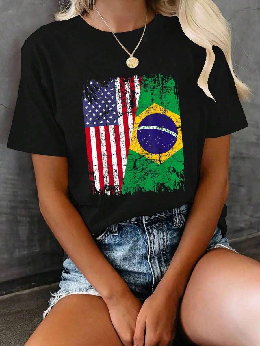 100% Cotton Women Christmas T-Shirt Half Brazilian Half American USA Brazil Culture Flag T-Shirt Print T-Shirt  Comfort Tee Top For Spring & Summer - 酒紅色 - 查看 1