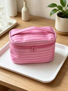 Y2K Cute Makeup Bag With Built-In Mirror Pink Striped Cosmetics Bag Mini & Large Handheld Travel Cosmetic Bag Wash Bag For Lip Gloss Skincare Brushes - Watermelon Pink - View 4