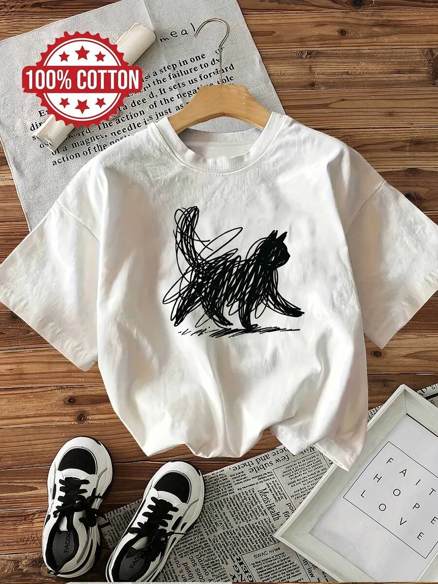 1 Stück lässiges Damen-T-Shirt aus 100 % Baumwolle mit minimalistischem Katzenmotiv und kurzen Ärmeln – perfekt für den Alltag. - Weiss - Übersicht 1