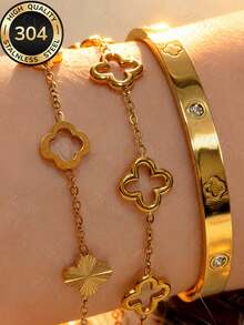 ZCNC Znice 2026 New 304 Stainless Steel 18K Gold Plated Flower Bracelet Set, Hollow 3D Design, Laser Flower, Suitable For Daily Wear And Gatherings, Perfect Gift For Mother And Daughter, Christmas Gift - Gold - View 2