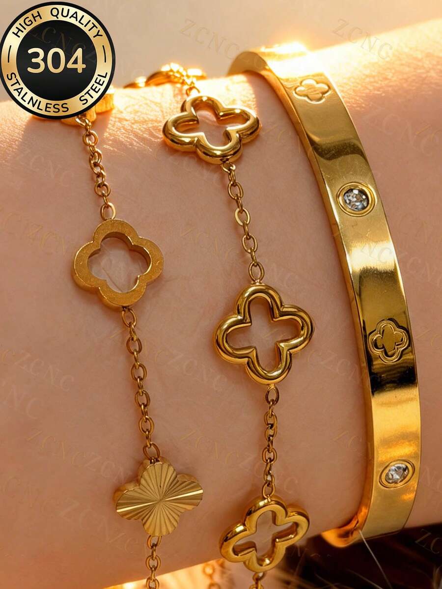 ZCNC Znice 2026 New 304 Stainless Steel 18K Gold Plated Flower Bracelet Set, Hollow 3D Design, Laser Flower, Suitable For Daily Wear And Gatherings, Perfect Gift For Mother And Daughter, Christmas Gift