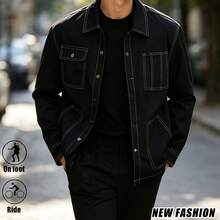 Vintage Contrast Stitching Black Shirt Jacket Men's Streetwear Casual City Walk Versatile Solid Color Outerwear - Black - View 2
