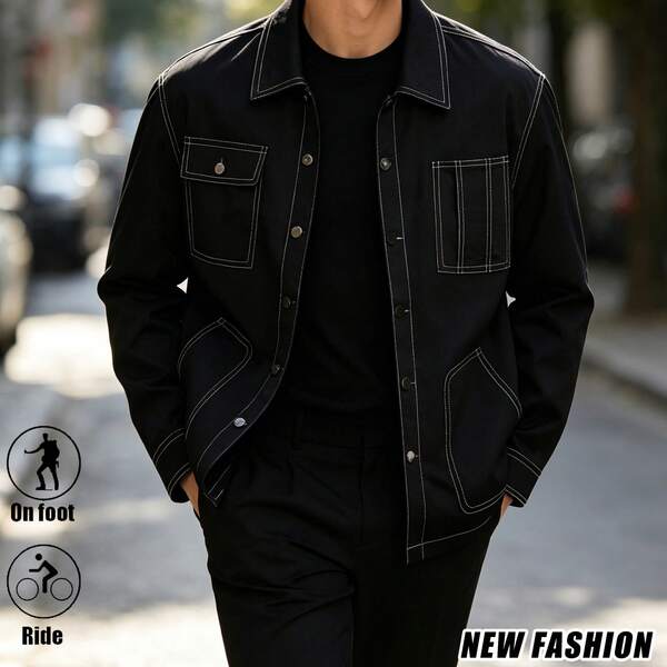 Vintage Contrast Seam Black Shirt Jacket Men Street Style Daily City Walk Versatile Solid Outer Garment Sports