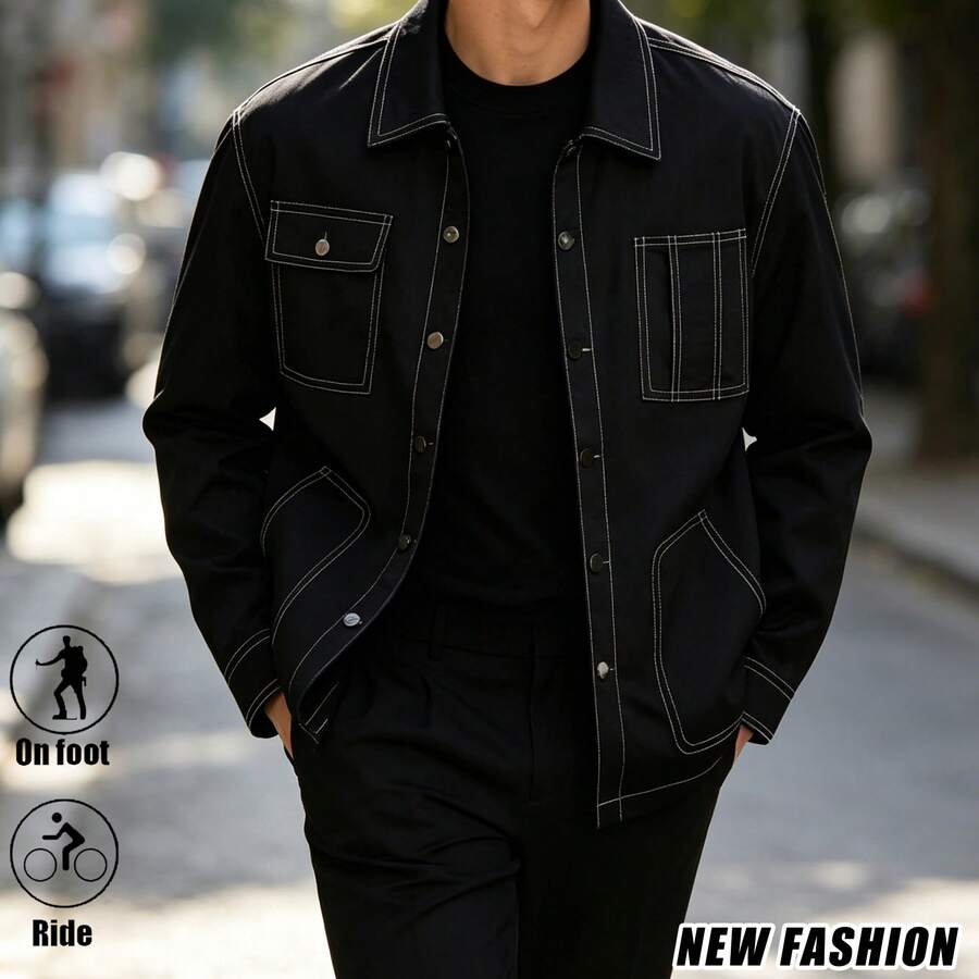 Vintage Contrast Stitching Black Shirt Jacket Men's Streetwear Casual City Walk Versatile Solid Color Outerwear