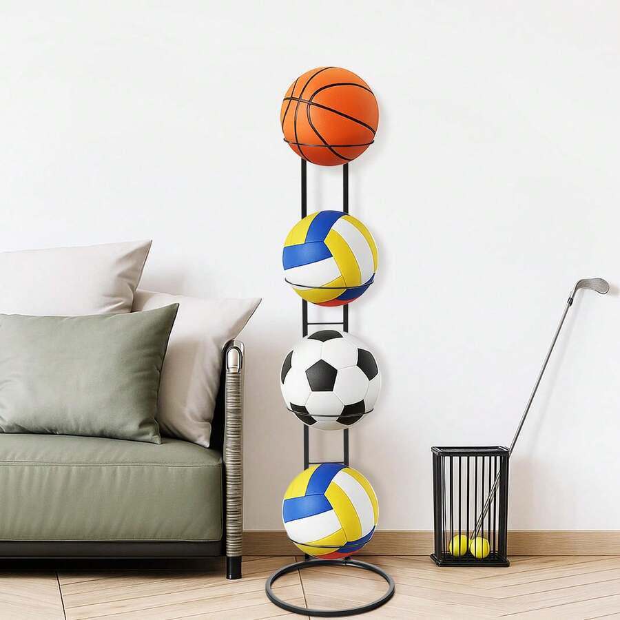 Basketball Ball Storage Rack Holder Organizer Football Volleyball Basket Stand - Black, 4-tier - View 1