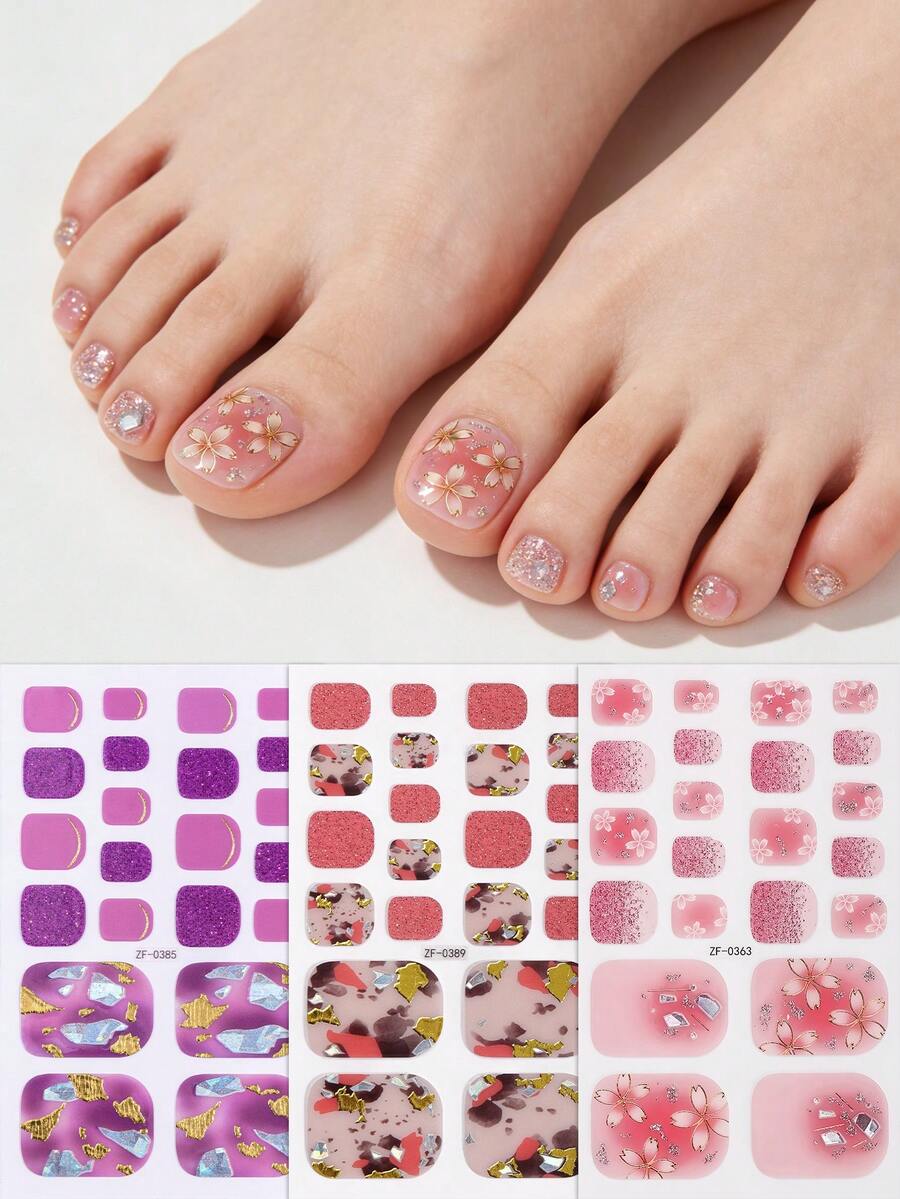 Beauty Sticker 3件組石紋腳趾甲貼片,花朵亮片夏季腳趾甲貼紙,易於貼附,適合女士度假旅行與舞會DIY美甲 - 彩色 - 查看 1
