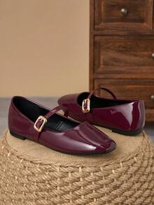 MonaNise Women's Fashion Square Toe Brown Low Vamp Patchwork Mary Jane Apricot Flat Shoes Autumn Outdoor Play High-End Casual Burgundy Khaki Versatile Black Flats - Burgundy - View 3