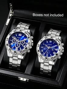 1pc/2pcs Set Minimalist Fashion Men's Hip-Hop Oversized Quartz Watch, Includes Blue Dial Steel Band Quartz, Daily Wear, Sports Casual, Running, Travel, Holiday Gift - Silver - View 10