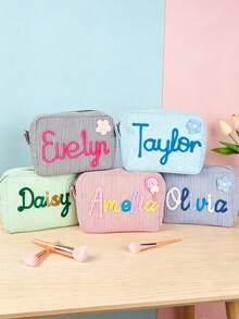 1 Peça Bolsa de Maquiagem Personalizada com Listras Rosa & Azul, Bolsa de Armazenamento Multifuncional de Grande Capacidade e Leve, Presente de Dama de Honra de Casamento, Presente de Proposta de Namorada, Presente de Despedida de Solteira, Presente de Noiva - Multicolorido - Visão 4