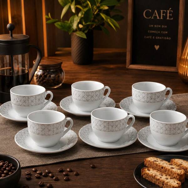 Conjunto de Xícaras de Café 12 Peças com Pires Decorado 80ML