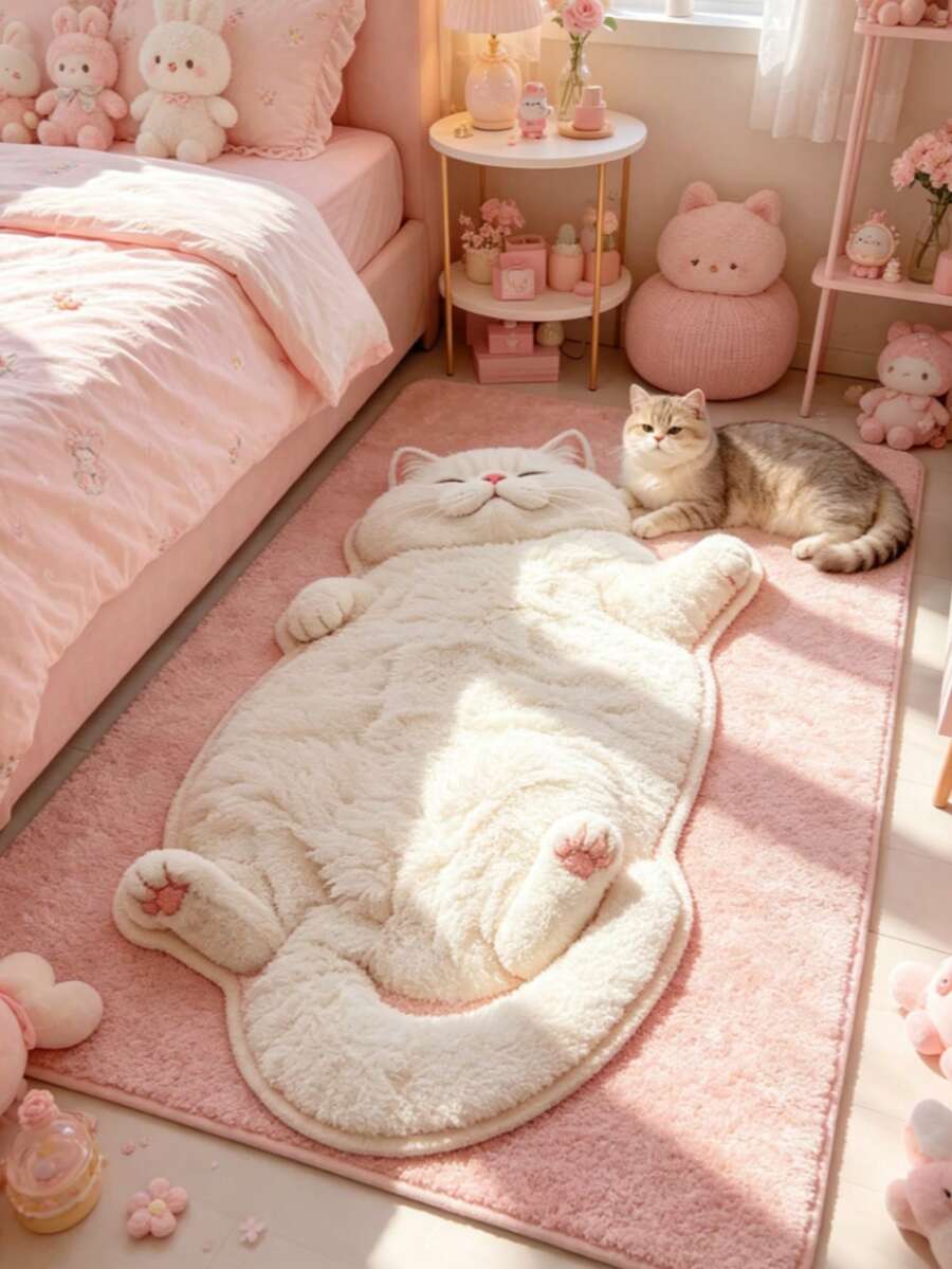 1pc Healing Super Cute Realistic White Cat Belly Flip Bedroom Art Rug, Personalized Aesthetic Style Decorative Carpet, Bedroom Bedside Vanity Living Room Plush Asymmetrical Large Rug, Ins Style Space Aesthetic Atmosphere Blanket, Dopamine Milky White Cute Cat Pet Lover Home Decor Accent, Large Area Rug, Carpet, Mat, Home Decor, Area Rug, Casual Blanket, Asymmetrical Large Rug, Bedroom Large Rug, Machine Washable Rug - Multicolor - View 1