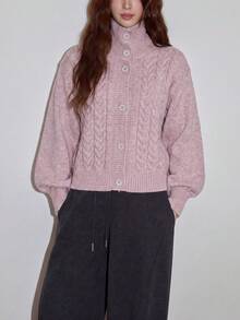 Women's Autumn/Winter Casual Minimalist Cable Knit Cardigan Jacket, Stand Collar/Lapel Design - Mauve Purple - View 5