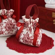 5/10pcs Red Elegant Canvas Drawstring Bags, Handheld Bow Fabric Storage Bags, Jewelry & Accessories Organizer, Wedding Candy Gift Bags, Wide Webbing, Portable Storage Bags, Reusable, Birthday Gift Packaging Bags - One Size Fits All - View 10