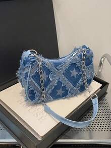 1pc Girls' Shoulder Bag With Decorative Buckle Detail, Stitching And Chain Strap, Street Fashion Bohemian Style - Blue - View 1