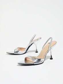 Jin Bei Qi Women's Silver Quilted Pointed Toe Stiletto High Heel Sandals With Back Strap, Featuring Clear And Delicate Embossed Texture, Strong Mirror Reflective Finish, Futuristic And Cool Luxury Vibe, Textured Pattern Adds Depth To The Solid Silver Color, Not Monotonous, Suitable For Parties, Socialites, And Banquets - Silver - View 9