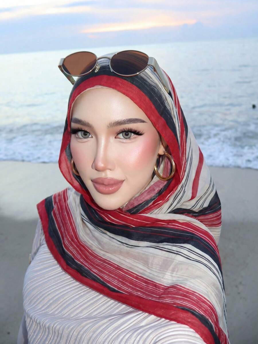 1件女款波希米亞風水彩印花頭巾，防曬圍巾，優雅多功能披肩，適合日常佩戴髮帶