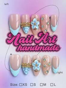10 peças/Conjunto Unhas Postiças Artesanais em Formato de Amêndoa Estilo Y2K Baddie, Base Nude com Pontas Francesas Plissadas Azuis, Decoradas com Flores Azuis 3D Artesanais, Correntes de Contas Douradas e Mini Strass, Adequadas para Mulheres e Meninas, Perfeitas para Festas, Ocasiões de Dança e Uso Diário. Acompanha Conjunto de Ferramentas, Presente Ideal para Suprimentos de Unhas Femininas e Unhas Postiças Artesanais - Azul - Visão 1