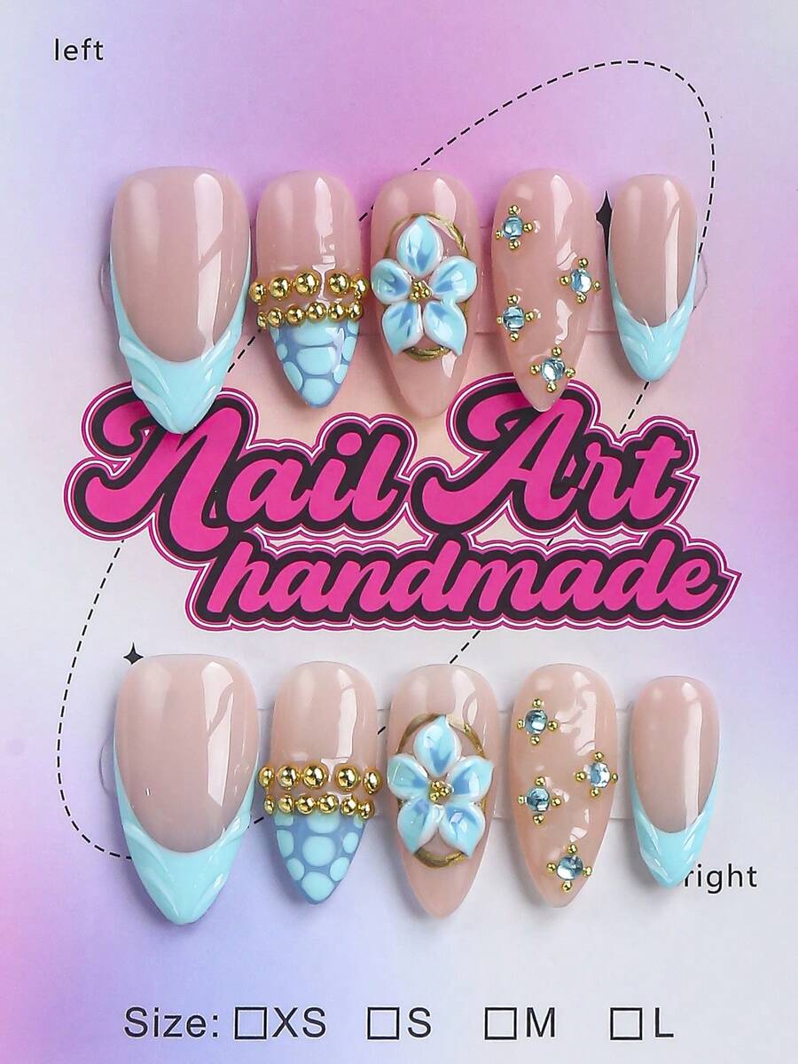 10 peças/Conjunto Unhas Postiças Artesanais em Formato de Amêndoa Estilo Y2K Baddie, Base Nude com Pontas Francesas Plissadas Azuis, Decoradas com Flores Azuis 3D Artesanais, Correntes de Contas Douradas e Mini Strass, Adequadas para Mulheres e Meninas, Perfeitas para Festas, Ocasiões de Dança e Uso Diário. Acompanha Conjunto de Ferramentas, Presente Ideal para Suprimentos de Unhas Femininas e Unhas Postiças Artesanais - Azul - Visão 1