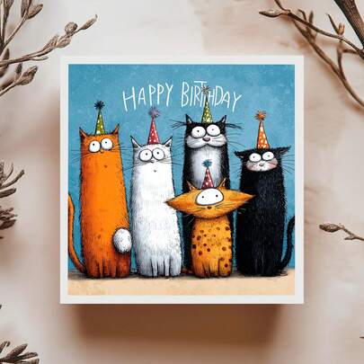 1pc Quirky Crazy Cats Birthday Card, Funny Kittens Happy Birthday Card For Bestie Classmates, Humorous Animal Illustration Greeting Card With Envelope