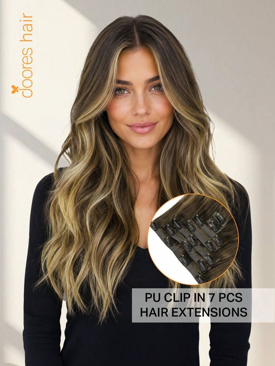 Extensiones de Cabello DOORES Sin Costuras con Clips 130g-150g 7pcs Marrón Nuez a Marrón Ceniza & Rubio Ombré Cabello Liso Cabello Humano Remy Puro Clips Invisibles de PU Moldeable